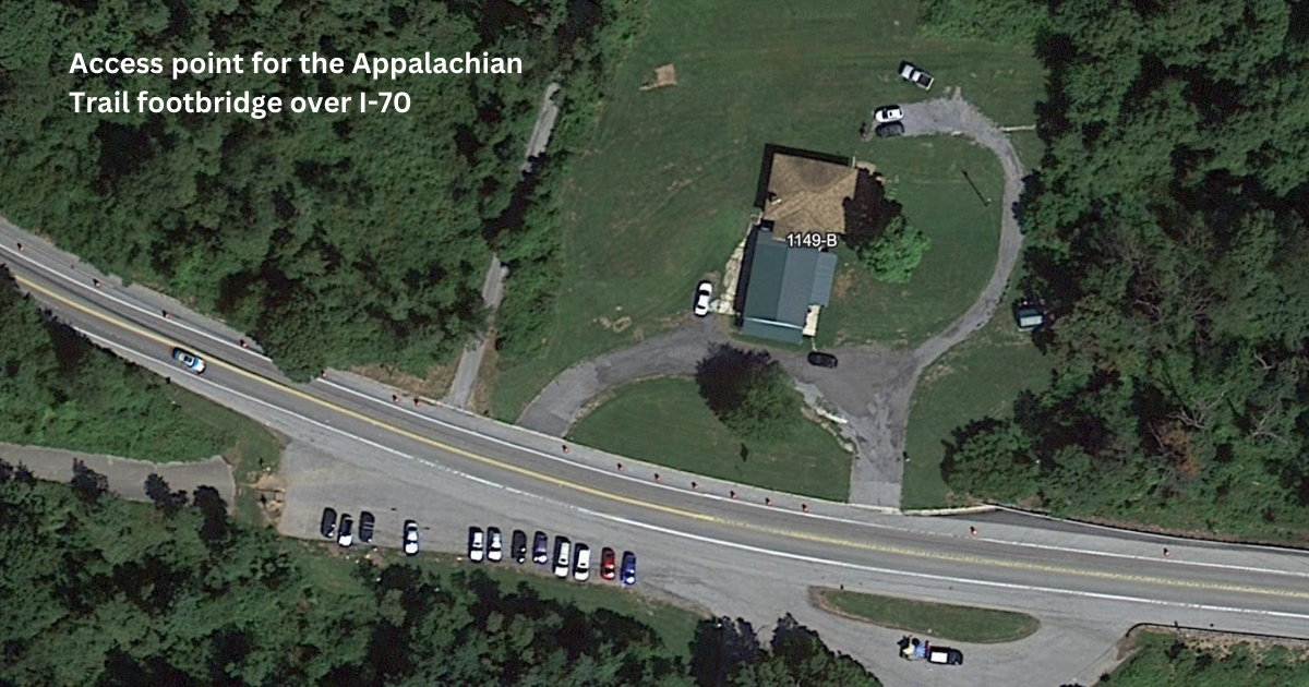 Shows a Google Earth image of the Access Point closest to the footbridge that crosses over 1-70 near Myersville, MD.